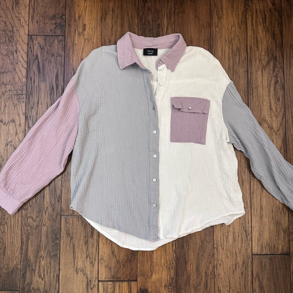 Vici Colorblock Button Down Shirt - Pink, Gray, Cream
